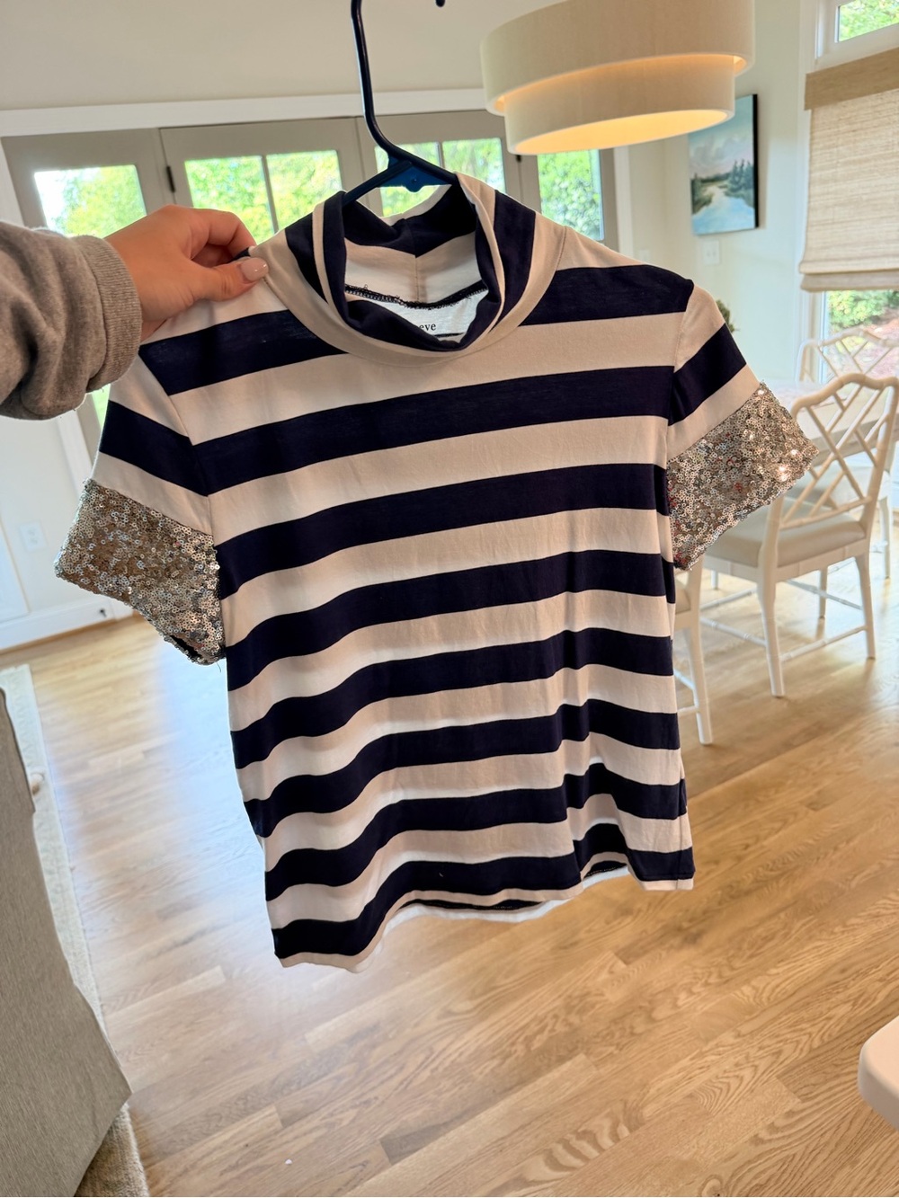 Anthropologie Navy and White Striped Tee with Sequin Sleeves